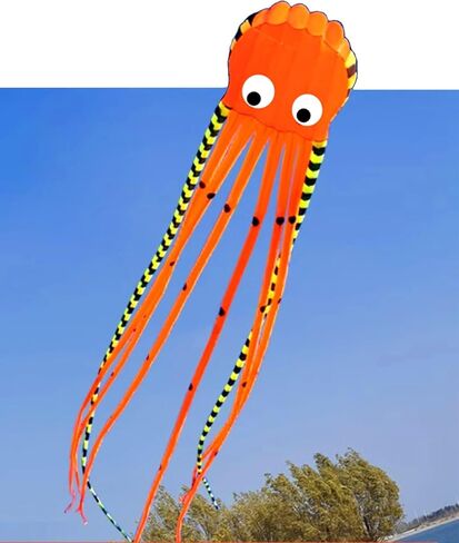 Apz Sky Visitor 3d 26ft Ultra Large & Fun Octopus Foil Kite مع مقبض وخط ، طائرة ورقية عملاقة للبالغين والأطفال ، فتيات الفتيات ، ألعاب وأنشطة عائلة الرحلة الشاطئية ، Park Outdoor Fun (Orange) in Kuwait