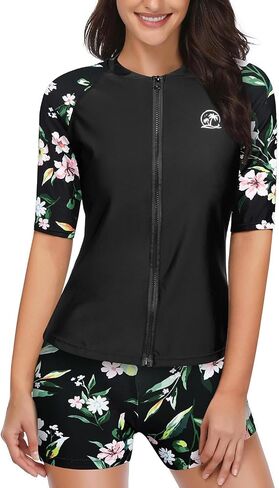 Holipick Women 2 Piece Rash Guard Swimsuit-Short Sleeve Swim Shirt with Shorts Full Zipper SPF Modest Swimwear in Kuwait