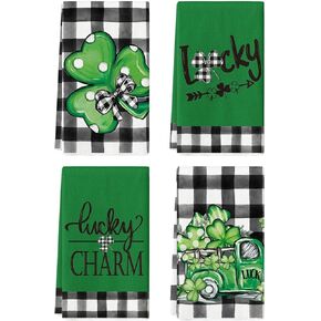 Artoid Mode Buffalo Plaid Shamrocks Lucky Truck St. Patrick's Day Kitchen Towels Dish Towels, 18x26 Inch Seasonal Spring Decoration Hand Towels Set of 4