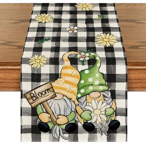 Artoid Mode Buffalo Plaid Gnomes Bloom Flowers Spring Table Runner, Seasonal Summer Holiday Kitchen Dining Table Decoration for Home Party Decor 13x36 Inch