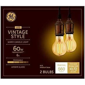 (2 bulbs) GE 48556 Vintage Style, Amber Glass A19 LED Light Bulb, 60 watt equivalent, 560 lumens, medium base, Dimmable