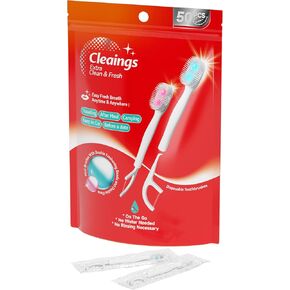 cleaings® Disposable Toothbrushes with Double Cleaning Beads Toothpaste and Clean Floss Picks for Work or Travel - 50 pcs-Mint Flavor（Pack of 1）
