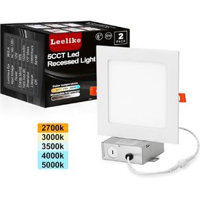 2 Pack 6 inch 12W Dimmable Square LED Recessed Lighting with Junction Box, 960lm/CRI85 Ultra Thin LED Can Light 5CCT 2700K-5500K Adjustable with a Simple Switch IC Rated,ETL Listed