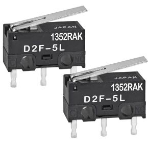 D2F-5L 3-Pin Basic Limit Switch (Pack of 2) - SPDT 1.47N Hinge Lever Subminiature, 3A 125V, PCB Mount, IP54