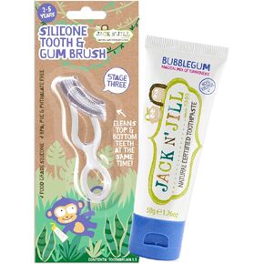 Jack N' Jill Stage 3 Silicone Tooth & Gum Brush, Natural Bubblegum Toothpaste for Babies & Kids - Toddler Toothbrush & Toothpaste Bundle, 1.76 Fl Oz
