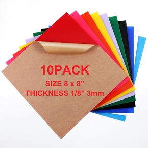 10Pcs Acrylic Sheets 1/8 Thick, 8 x 8 in Colored Acrylic Sheets 3 mm for Laser Cutting, Opaque Acrylic Sheets Acrylic Panel with Protective Paper for Laser Engraving Material DIY Crafts