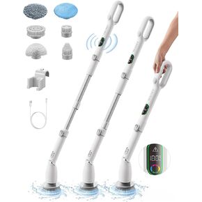 HiCOZY Electric Spin Scrubber HS1 Pro, Shower Scrubber with 2024 New Upgraded Voice Prompt LED Smart Display, Cleaning Brush with 4 Adjustable Speeds, 6 Replaceable Brush Heads Light White