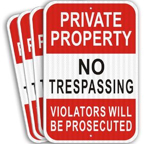 (4 Pack) Reflective Metal No Trespassing Signs Private Property, 18" x 12" Heavy-duty Aluminum Private Property Signs Outdoor, Keep Out Signs Private Property, Violators Will Be Prosecuted, Rust-free, No Fade, Weather-resistant, Easy to Mount