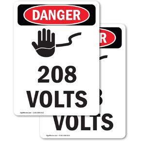 (2 Pack) 208 Volts OSHA Danger Sign 5 Inch X 3.5 Inch Vinyl Label Decal Sticker Weather Resistant, UV Protected for Workplace, Business, and Construction Site, Made in the USA