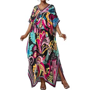 Bsubseach Women Kaftan Dresses Ethnic Print V-Neck Beach Cover Up Plus Size Caftan Loungewear Summer Swimsuit Coverup