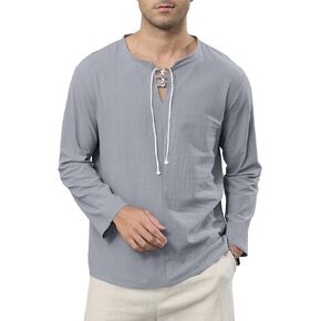 Mens Cotton Linen Shirts Fashion Hippie Henley Shirts Long Sleeve Lace Up V Neck Beach Hawaiian Shirts Tops
