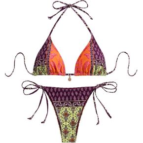 Verdusa Women's 2 قطعة Paisley Print Swimsuit Boho Halter Halter Backless High Cut String Set Bikini