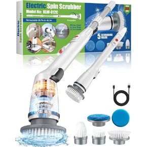 2025 Updated Electric Spin Scrubber for Heavy-Duty Housework, Cordless Shower Cleaning Scrubber with Adjustable Extension Arm 5 Replaceable Cleaning Heads, Spin Cleaning Brush for Bathtub Tile Floor