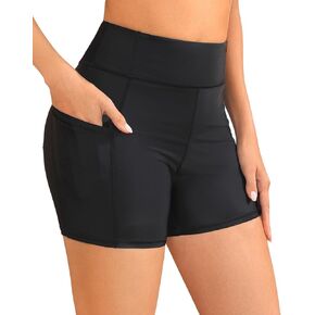 Women 3" High Waisted Swim Board Shorts Quick Dry Boy Shorts Swim Bathing Suit Bottoms Swimwear with Slant Pockets