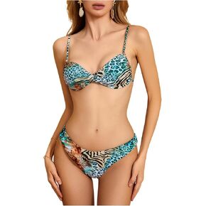 MakeMeChic Women's Bikini Sets Leopard Print Twist Spaghetti Strap Tie Back Swimsuit Beachwear