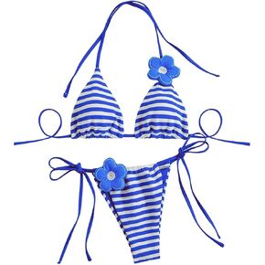 Women's 2 Piece Y2K Striped Bikini Set 3D Flower Thong Bikini Cute Bathing Suit Halter Tie High Cut String Swimsuits
