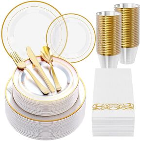 FOCUSLINE 350 Clear Gold Dinnerware Set for 50 Guests, Clear Plastic Plates with Gold Rim Disposable Heavy Duty, Including 50 Dinner Plates, 50 Dessert Plates, 50 Napkins, 50 Cups, 50 Silverware Set