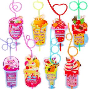 32Pack Valentines Day Cards for Kids, Valentines Greeting Cards(8 Designs)+ Colorful Crazy Loops Reusable Drinking Straws (8 Shapes) for Classroom Gifts Exchange Gift Class Prizes Carnivals Party