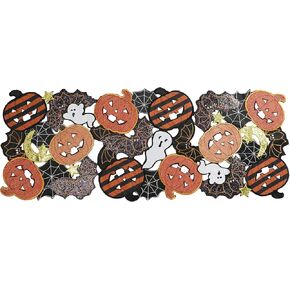 OWENIE Halloween Table Runner 36 Inches Long, Embroidered Black Table Runner with Halloween Decorations for Kitchen & Dining Cofee Table, Farmhouse Runner with Spider Web and Pumpkins, 13 " W X 36 " L