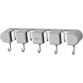 Mop and Broom Holder Wall Mount, Non Drill Mop and Broom Organizers and Storage, Heavy Duty Self Adhesive Mop Holder,4 Slots with 5 Hooks, Mop Clip Holder for Home Bathroom Kitchen (Grey)