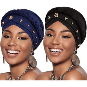 2 Pcs African Women Turban Caps Pre-Tied Twisted Turbans for Women Head Scarf for Women Hair Wraps Cover Beanie