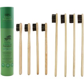 Gaia Guy Natural Bristle Bamboo Toothbrush Family Pack (NO Nylon - Horsehair ONLY) - Totally Compostable & Biodegradable Horse Hair Bristle and Bamboo Toothbrushes - Zero Waste - 4 Kids and 4 Adults