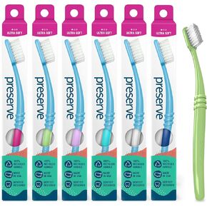 Preserve Eco Friendly Adult Toothbrushes, Made in The USA from Recycled Plastic, Ultra Soft Bristles, Paperboard Package, Colors Vary, 6 Count