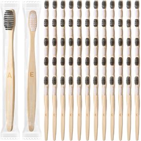 Sieral 120 Pcs Bamboo Toothbrushes Bulk Soft Bristle Travel Toothbrush Wooden 7 Inch Manual for Kids Teens Adults Home Travel, Individually Wrapped (White, Black, Letter Print)
