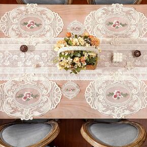 9 Pcs Beige Lace Table Runner and Lace Placemats and Lace Coasters Vintage Rustic Boho Cloth Table Runner Lace Doilies Cup Mat for Glass Table Dressers Wedding Bridal Shower Party Decor