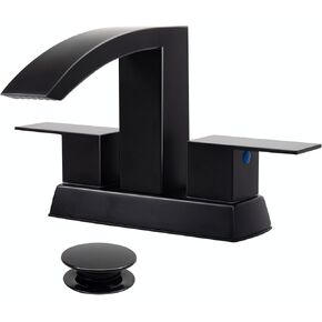 Matte Black Waterfall Bathroom Faucet, 4 inch Centerset Bathroom Faucets for Sink 2 or 3 Holes, 2 Handle Vanity Faucets with Pop-up Drain and Supply Lines, 304 Stainless Steel