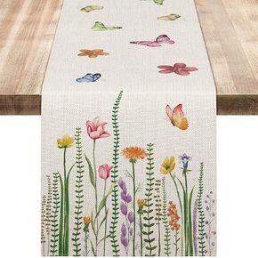 AnyDesign Floral Table Runner Spring Watercolor Wild Flower Butterflies Seasonal Table Decoration for Holiday Kitchen Indoor Outdoor Dining Home Party Supplies, 13 x 72 Inch