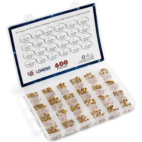 Loreso Ceramic Capacitor Variety Pack 600 PCD Assortment Kit Box - 600 pcs 24 Value Electronics Assortment Kit Includes 10pf to 10uf 50V Ceramic Capacitors for Electronics Projects