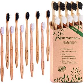 Bamboo Toothbrushes Soft Bristles Pack of 10 – Eco-Friendly Wooden Toothbrushes - BPA Free Charcoal Toothbrushes Effectively Cleanses Teeth, Ideal for Sensitive Gums