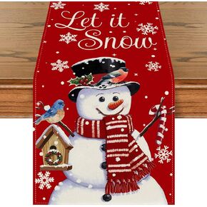 Christmas Snowman Table Runner 13 x 90 in Merry Christmas Snowman and Mockingbird Red Table Runner Non-Slip Dresser Scarves for Christmas Decorations, Party, Dinner and Gatherings