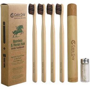 Gaia Guy Bamboo and Horsehair Bristle Toothbrush (4 Pack) + Travel Case & Silk Dental Floss | 100% Compostable Bristles and Floss | Eco-Friendly Dental Set | Biodegradable Wooden Toothbrushes