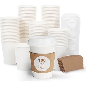 DAILYLIFE 12oz Disposable Coffee Cups with White Lids and Sleeves- 100 Pack, Bulk Thickened Paper for Hot Drinks, DIY Personalized, Sylish Design for Home, Office, Parties and Stores
