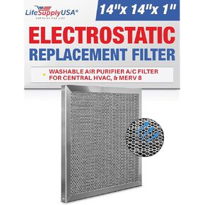LifeSupplyUSA 14x14x1 Electrostatic Air Filter, MERV 8, Washable, Reusable Furnace AC/HVAC Filter, Energy Saving, Easy to Clean, Long-Lasting (1-Pack)