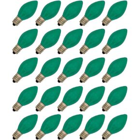 Box of 25 Light Bulbs - C7, Incandescent Steady Burning - Opaque Green - 7 Watt, Extended Life, Nickel Plated Candelabra Base - Great for Decorative Lights and Halloween Strings