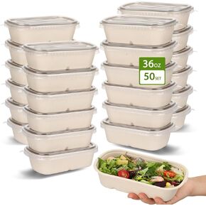 50 Pack 36 Oz Rectangle Paper Bowls with Lids for Taco Salad, Burrito, Nacho, Pasta, Compostable Paper Meal Prep Container Disposable, Large Deep Take Out Food Container for Party (50 bowls with lids)