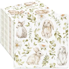 AnyDesign 50 Pack Easter Paper Napkins Watercolor Bunny Luncheon Napkins 6.5 x 6.5 Inch Decorative Dinner Hand Napkin for Party Tableware Supplies