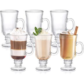 ZENFUN Set of 6 Irish Coffee Mugs, 8 Oz Glass Footed Espresso Cups with Handles, Clear Goblet Mugs Glasses for Coffee, Latte, Cappuccino, Smoothie, Hot&Cold Beverages