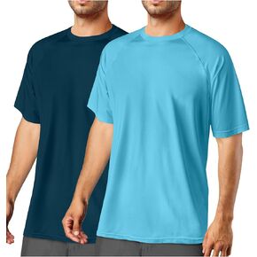 2Pack Swim Shirts for Men Sweatshirts Short Sleeve Rash Guard UPF 50+ Sun UV Shirt for Fishing Hiking Swimming Beach Running Water Athletic T-Shirts Rashguard Quick Dry Aqua Blue & Blackish Blue L