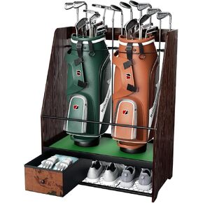 Golf Bag Organizer Storage for 2 Bags with Drawer – Easy Assemble Golf Club Stand Ideal for Garage, Clubs and Basement