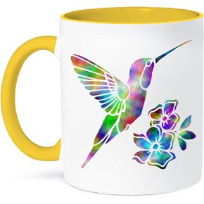 3dRose Rainbow Tie Dye Hummingbird and Flowers, Yellow Mug, 11 oz