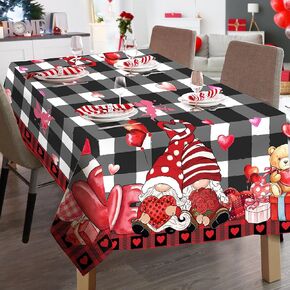 Valentines Day Gnomes Tablecloth 60×84 Inch, Valentines Decorations for Home Table Cloth Rectangle, Valentine Day Gnoms Decor Black Buffalo Plaid Tablecloths Polyester Vintage for Picnic Party Dinner