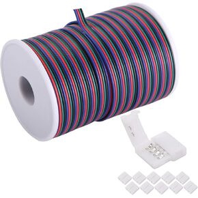 100ft(30.5m) 22 AWG 4Pin RGB Wire Extension Cable with Spool, Led Lights Wires Strip Extend Wire for 5050 3528, with 8PCS RGB Led Strip Connectors