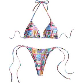 Women's 2 Pieces Bikini Set Graphic Halter Triangle Swimsuit Tie Side Swimwear