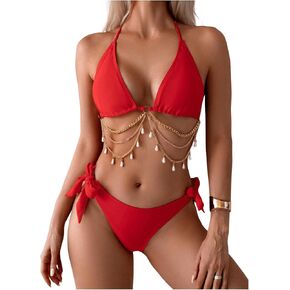 OYOANGLE Women's 2 Piece Ring Linked Strap Triangle Halter Bikini Swimsuit Knot Side Bathing Suits Beachwear