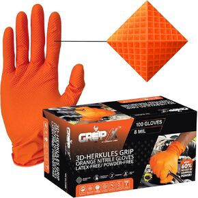 Herkules Grip Heavy Duty 8Mil Orange Nitrile Gloves,3D Raised Diamond Texture-Latex & Powder Free-Industrial, Mechanic