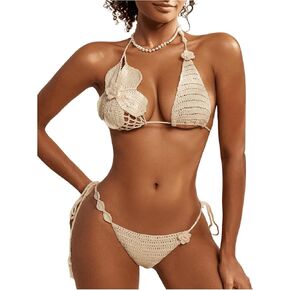 Women's 2 Pieces Bikini Set 3D Floral Crochet Knit Halter Bathing Suit Swimwear